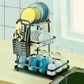 رف تجفيف الصحون من الستانلس ستيل المقاوم للصدأ – 3 طبقات قابل للفك مع لوح تصريف وحامل أدوات المطبخ – أسود