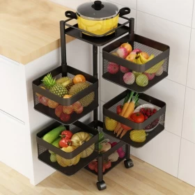 Metal 5-Layer Kitchen Rotating Trolley | Portable Storage Organizer – Black
