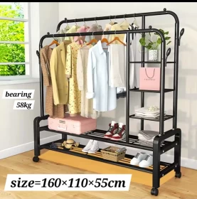Portable Rolling Clothing Coat Organizer Rack with Bottom Rack-150cm